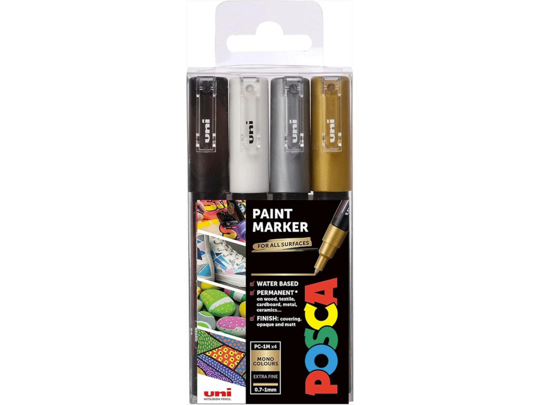 Front of uni POSCA PC-1M Monotones Paint Markers Set of 4 showing Black, White, Silver and Gold extra fine paint markers in retail packaging, featuring ultra-fine 0.7mm tips, opaque water-based pigment paint and multi-surface performance for illustration, detailing, hand lettering, card making and creative projects on paper, wood, metal, glass, plastic, fabric and stone surfaces.