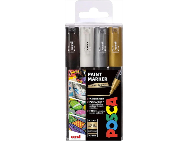 Front of uni POSCA PC-1M Monotones Paint Markers Set of 4 showing Black, White, Silver and Gold extra fine paint markers in retail packaging, featuring ultra-fine 0.7mm tips, opaque water-based pigment paint and multi-surface performance for illustration, detailing, hand lettering, card making and creative projects on paper, wood, metal, glass, plastic, fabric and stone surfaces.