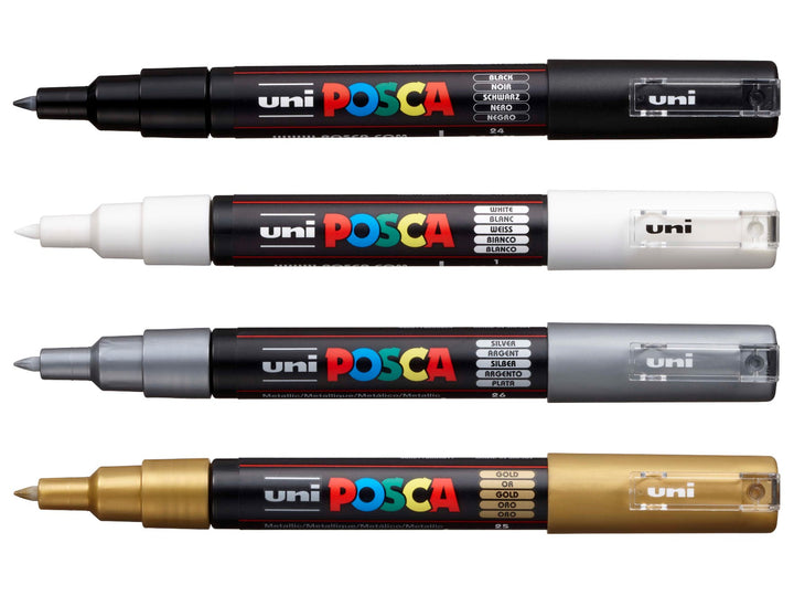 uni POSCA PC-1MR extra fine water-based paint marker set of 4 including Black, White, Silver and Gold metallic colours arranged in a flat lay display