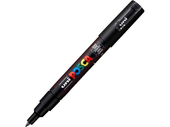 Black uni POSCA PC-1MR extra fine water-based paint marker shown at an angle with cap attached, featuring an ultra-fine calibrated tip for detailed artwork and precision marking