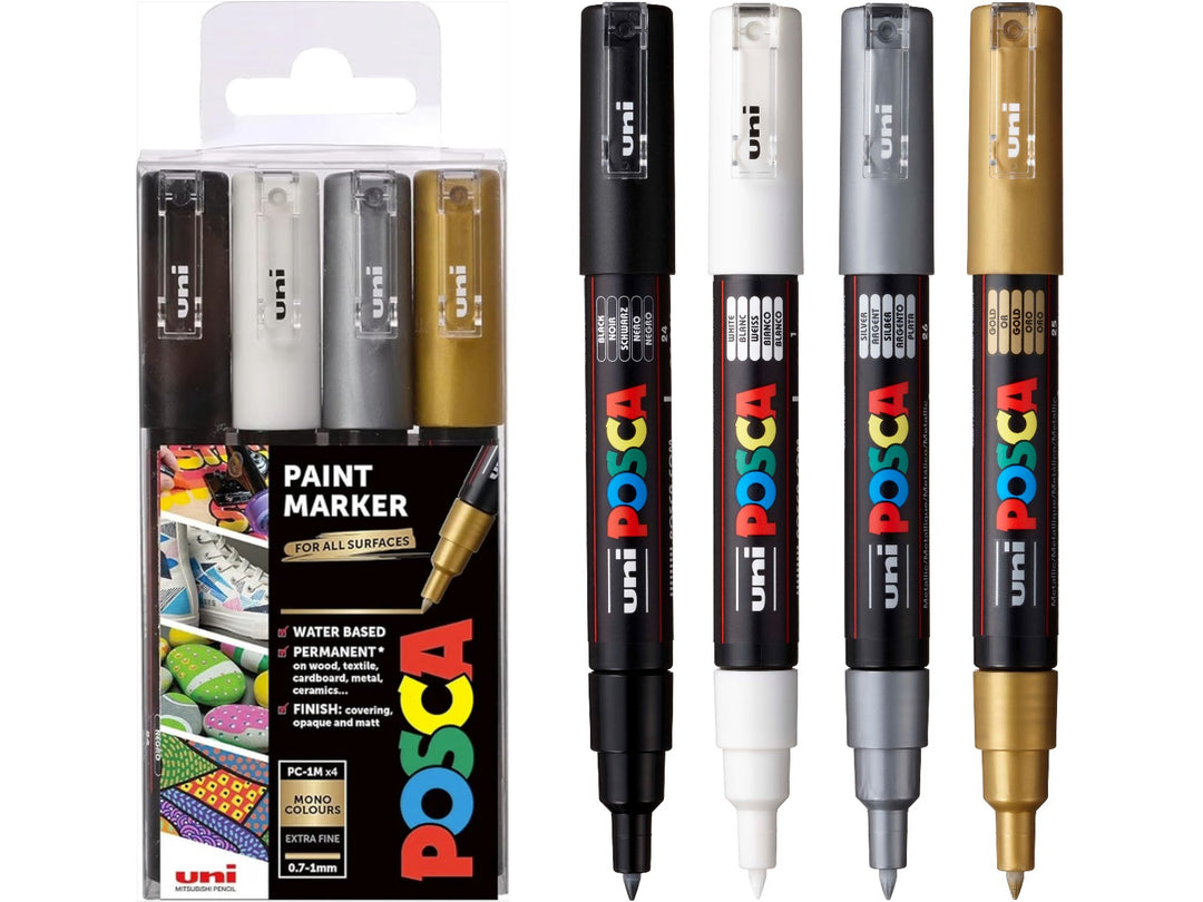 Front of uni POSCA PC-1M Monotones Paint Markers Set of 4 displayed alongside the individual Black, White, Silver and Gold markers, featuring extra fine 0.7mm tips, opaque water-based pigment paint and precision detailing performance for illustration, hand lettering, card making, outlining and creative projects on paper, wood, metal, glass, plastic, fabric and stone surfaces.
