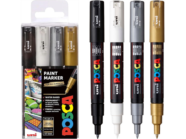 Front of uni POSCA PC-1M Monotones Paint Markers Set of 4 displayed alongside the individual Black, White, Silver and Gold markers, featuring extra fine 0.7mm tips, opaque water-based pigment paint and precision detailing performance for illustration, hand lettering, card making, outlining and creative projects on paper, wood, metal, glass, plastic, fabric and stone surfaces.