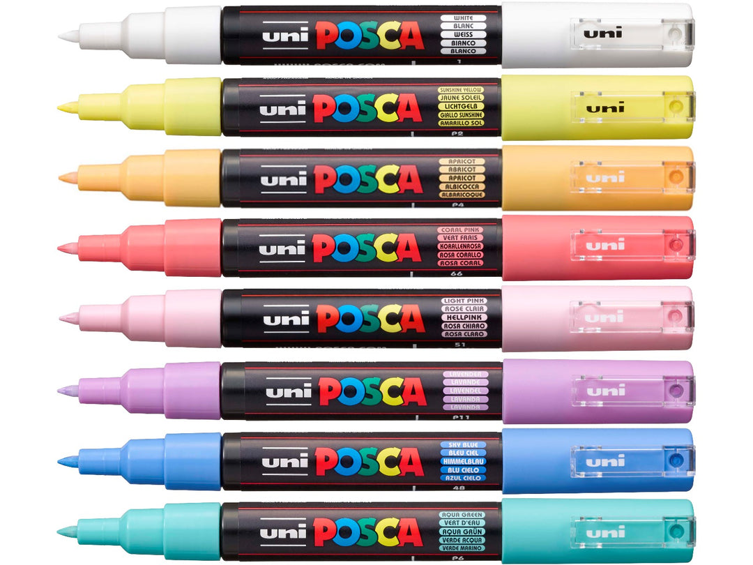 uni POSCA PC-1M Extra-Fine Paint Markers Pastel Set of 8 with caps removed showing all colours