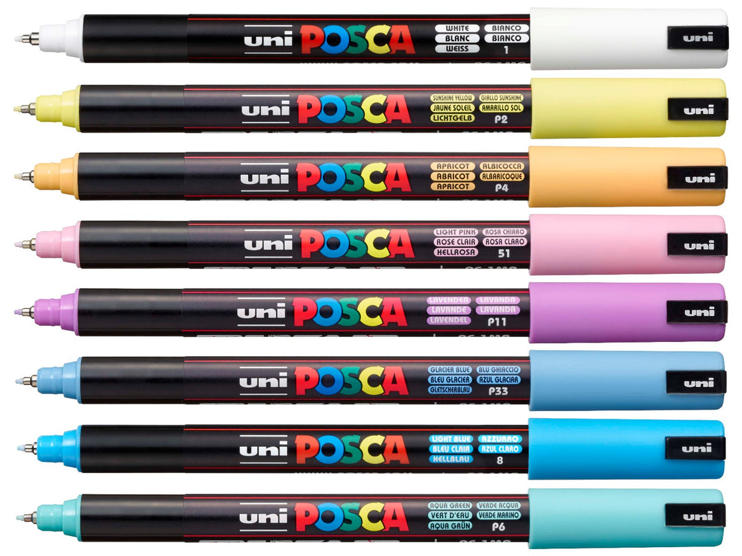 uni POSCA PC-1MR Pastel Paint Markers Set of 8 featuring White, Sunshine Yellow, Apricot, Light Pink, Lavender, Glacier Blue, Light Blue and Aqua Green ultra-fine paint markers displayed horizontally on a white background