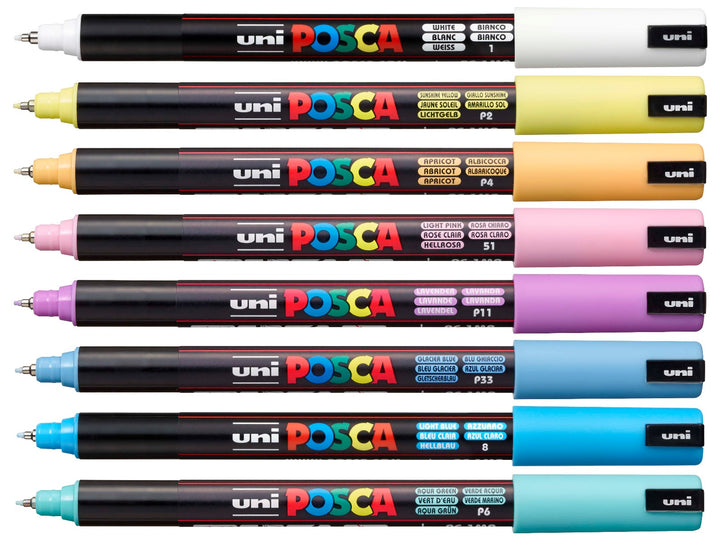 uni POSCA PC-1MR Pastel Paint Markers Set of 8 featuring White, Sunshine Yellow, Apricot, Light Pink, Lavender, Glacier Blue, Light Blue and Aqua Green ultra-fine paint markers displayed horizontally on a white background