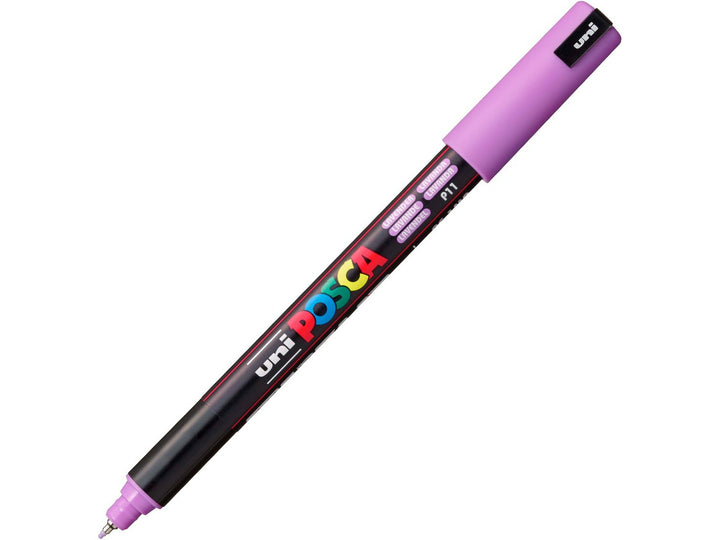Lavender uni POSCA PC-1MR ultra-fine water-based paint marker shown diagonally with cap attached, featuring a precision 0.7mm calibrated tip for lettering, illustration and detailed creative work