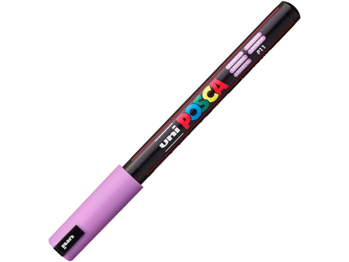 uni POSCA PC-1MR lavender water-based paint marker shown with cap fitted, featuring an ultra-fine 0.7mm calibrated tip for lettering, illustration and detailed creative work