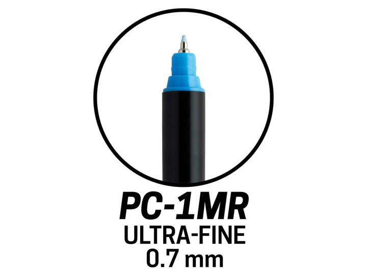uni POSCA PC-1MR ultra-fine paint marker tip close-up showing the calibrated 0.7mm tip and ultra-fine line width specification