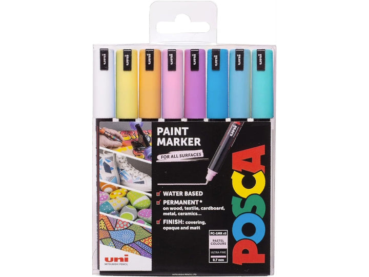 uni POSCA PC-1MR pastel paint marker set of 8 with ultra-fine 0.7mm tips including Apricot, Aqua Green, Glacier Blue, Lavender, Light Blue, Light Pink, Sunshine Yellow and White