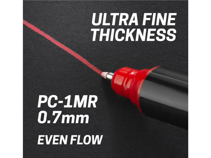 Tip thickness guide for the uni POSCA PC-1MR Paint Marker showing the ultra-fine 0.7mm fibre tip producing a precise, consistent paint line, highlighting smooth ink flow and detailed marking performance for illustration, outlining, hand lettering, model detailing and creative projects on multiple surfaces.