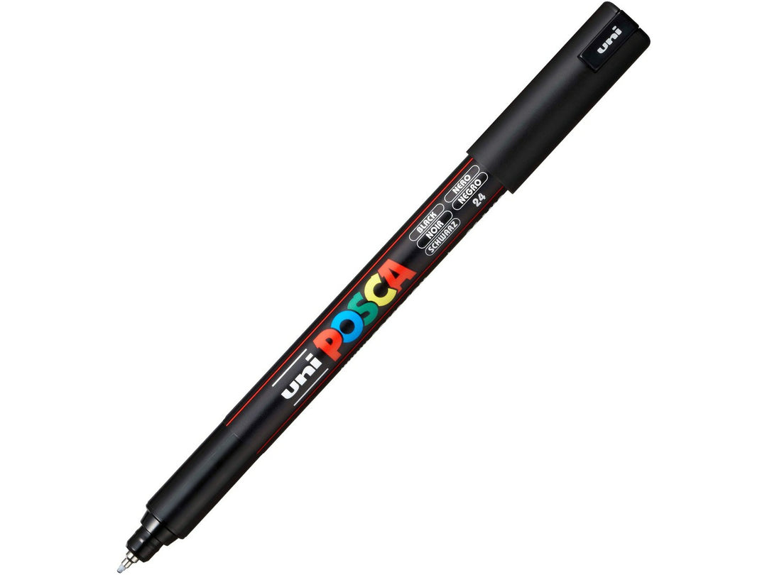 uni POSCA PC-1MR Paint Marker in Black with cap fitted, featuring an ultra-fine 0.7mm fibre tip, opaque water-based pigment paint, quick-drying matt finish and precision marking performance for illustration, outlining, hand lettering, model detailing and creative projects on paper, wood, metal, glass, plastic, fabric and stone.