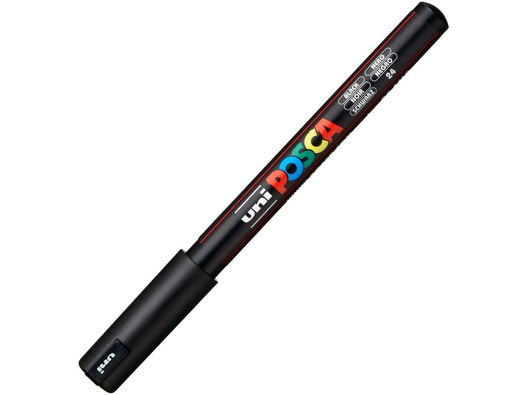 uni POSCA PC-1MR Paint Marker in Black with cap removed, featuring an ultra-fine 0.7mm fibre tip, opaque water-based pigment paint, quick-drying matt finish and precision marking performance for illustration, outlining, hand lettering, model detailing and creative projects on paper, wood, metal, glass, plastic, fabric and stone.