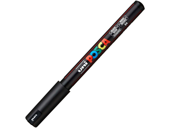 uni POSCA PC-1MR Paint Marker in Black with cap removed, featuring an ultra-fine 0.7mm fibre tip, opaque water-based pigment paint, quick-drying matt finish and precision marking performance for illustration, outlining, hand lettering, model detailing and creative projects on paper, wood, metal, glass, plastic, fabric and stone.
