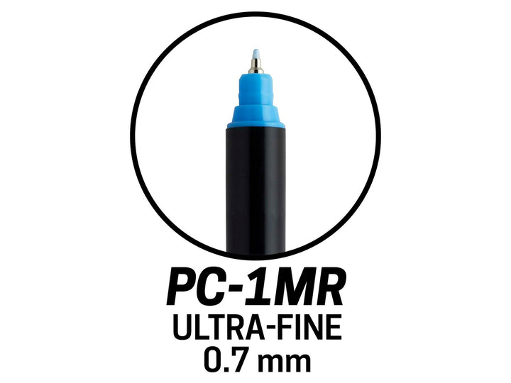 Close-up of the uni POSCA PC-1MR ultra-fine 0.7mm fibre tip, highlighting the precision nib design and controlled paint flow for detailed illustration, outlining, hand lettering, model detailing and creative projects on paper, wood, metal, glass, plastic, fabric and stone surfaces.