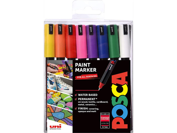 Front of uni POSCA PC-1MR Ultra Fine Paint Markers Set of 16 showing sixteen water-based paint markers with ultra-fine 0.7mm fibre tips in a clear presentation wallet, featuring Black, Blue, Red, Green, White, Yellow, Gold, Silver, Light Blue, Pink, Orange, Violet, Metallic Green, Metallic Blue, Metallic Red and Metallic Pink colours for detailed artwork, illustration, outlining, hand lettering and creative projects.