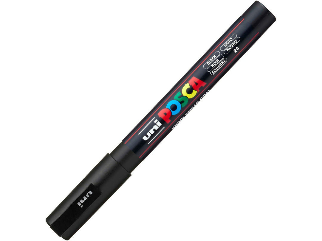 uni POSCA PC-3M black water-based paint marker shown with cap fitted, featuring a fine 0.9–1.3mm bullet tip for outlining, lettering, illustration and creative projects