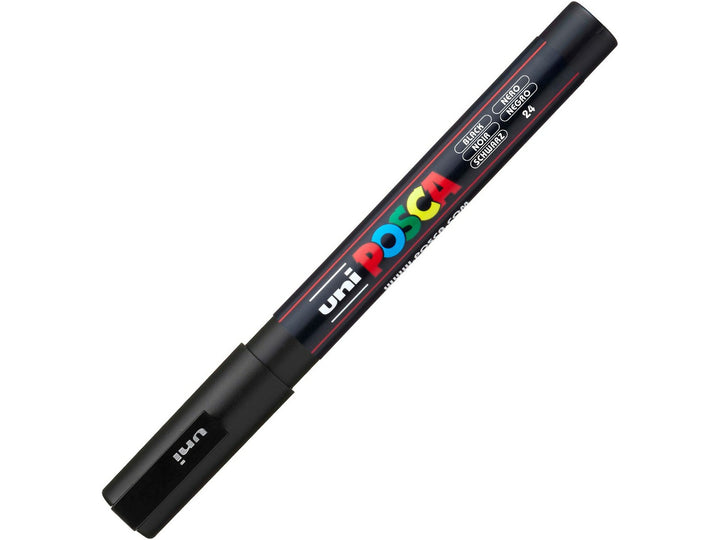 uni POSCA PC-3M black water-based paint marker shown with cap fitted, featuring a fine 0.9–1.3mm bullet tip for outlining, lettering, illustration and creative projects