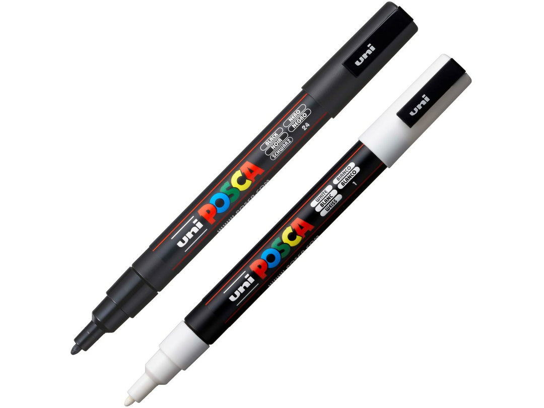 uni POSCA PC-3M Paint Markers Set of 2 including Black and White water-based pigment paint markers with fine 0.9–1.3mm bullet tips