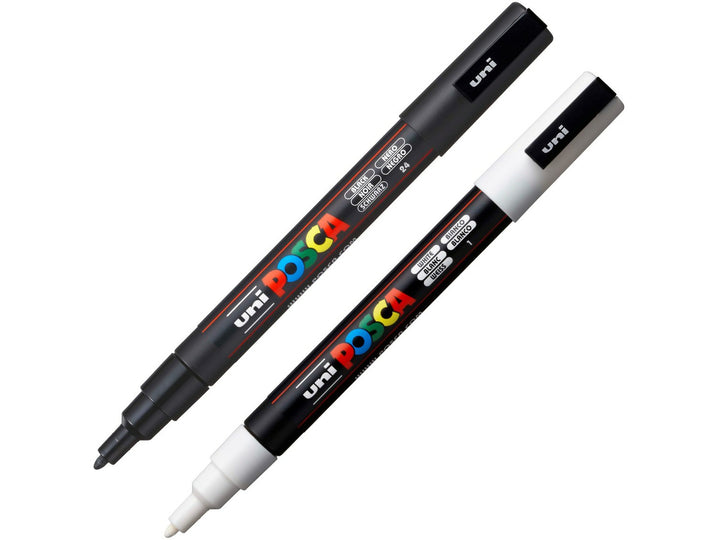 uni POSCA PC-3M Paint Markers Set of 2 including Black and White water-based pigment paint markers with fine 0.9–1.3mm bullet tips