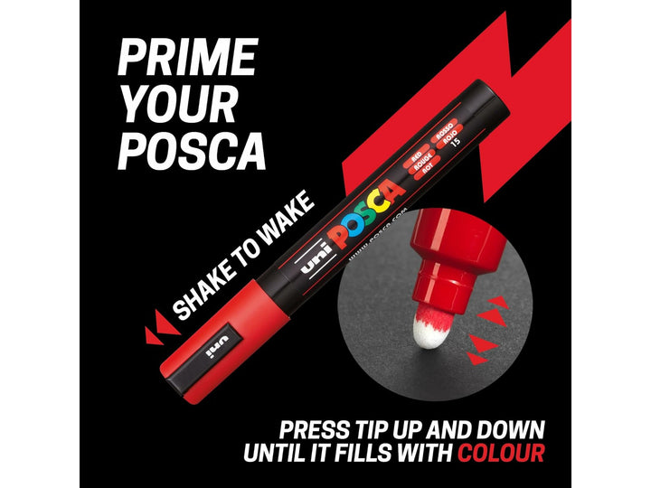 uni POSCA priming graphic showing a paint marker being shaken and the bullet tip pressed repeatedly to start the paint flow