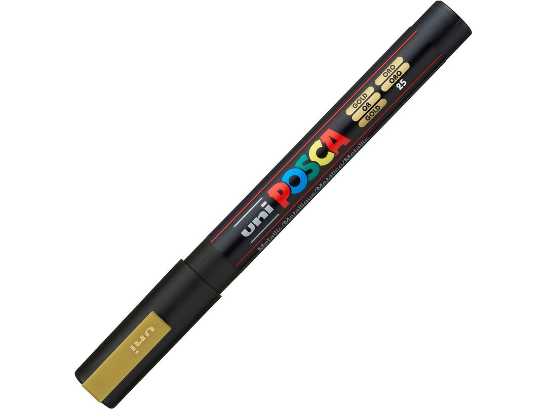 uni POSCA PC-3M gold water-based paint marker shown with cap fitted, featuring a fine 0.9–1.3mm bullet tip and metallic gold pigment ink for lettering, illustration and creative projects