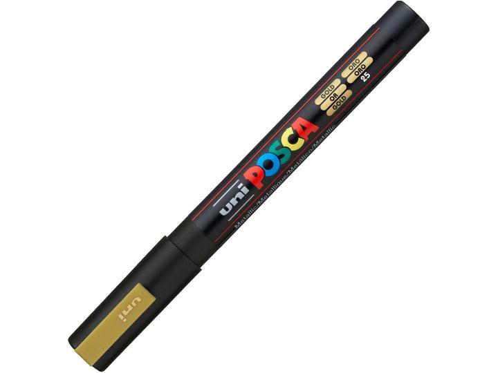 uni POSCA PC-3M gold water-based paint marker shown with cap fitted, featuring a fine 0.9–1.3mm bullet tip and metallic gold pigment ink for lettering, illustration and creative projects