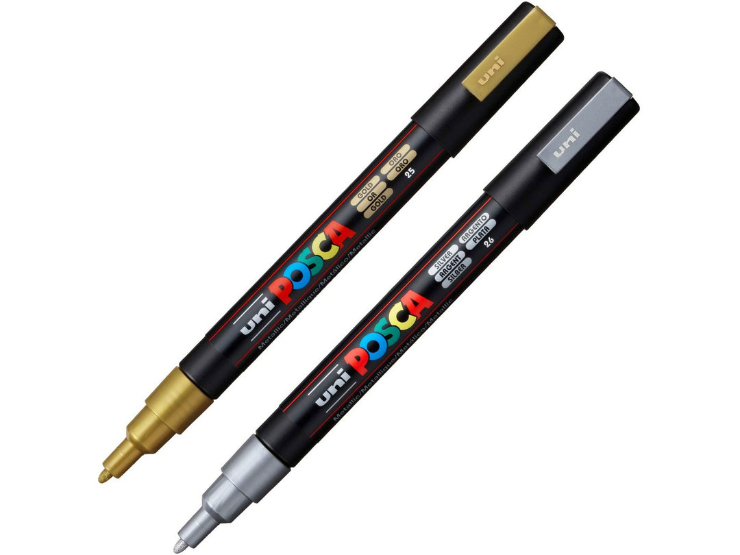 uni POSCA PC-3M Paint Markers Set of 2 including Gold and Silver metallic water-based pigment paint markers with fine 0.9–1.3mm bullet tips