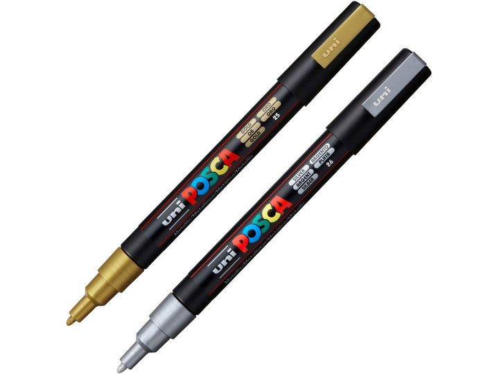 uni POSCA PC-3M Paint Markers Set of 2 including Gold and Silver metallic water-based pigment paint markers with fine 0.9–1.3mm bullet tips