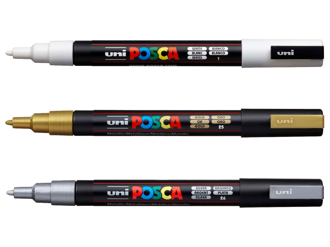 uni POSCA PC-3M Paint Markers Set of 3 including White, Gold and Silver water-based pigment paint markers with fine 0.9–1.3mm bullet tips