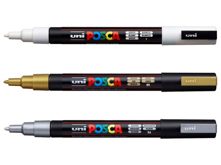 uni POSCA PC-3M Paint Markers Set of 3 including White, Gold and Silver water-based pigment paint markers with fine 0.9–1.3mm bullet tips