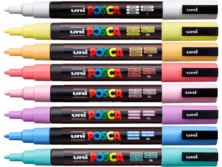 uni POSCA PC-3M Fine Paint Markers Pastel Set of 8 with caps removed showing all colours