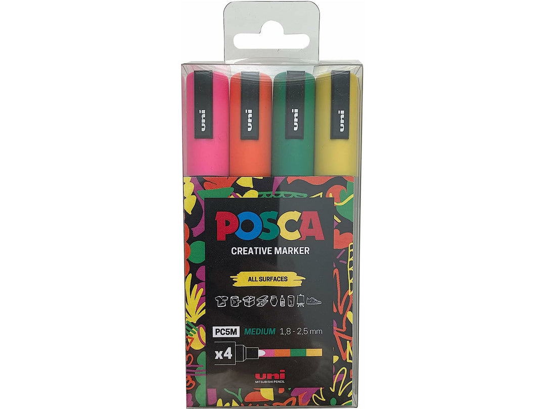 uni POSCA PC-5M Assorted Set of 4 paint markers in retail packaging, featuring Pink, Orange, Green and Yellow with 1.8–2.5mm medium bullet tips