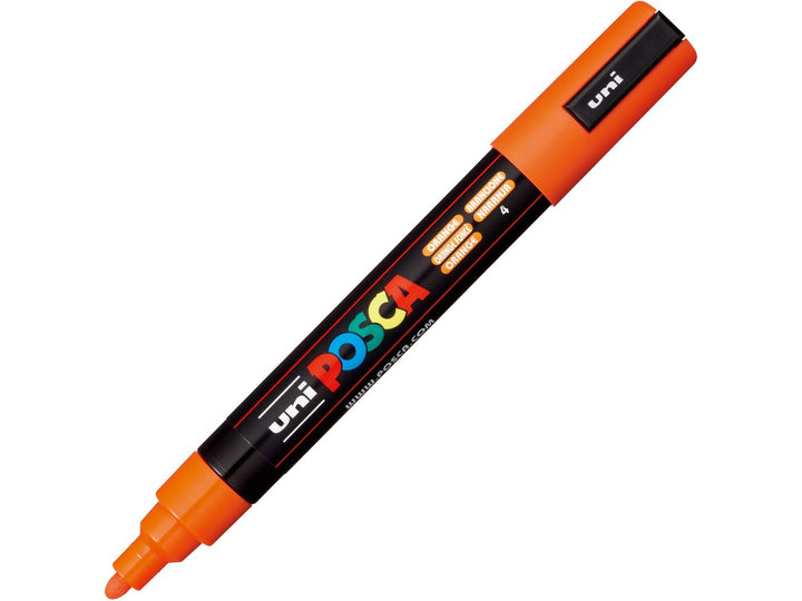 Orange uni POSCA PC-5M paint marker shown uncapped, featuring a 1.8–2.5mm medium bullet tip, orange detailing and multicoloured POSCA branding