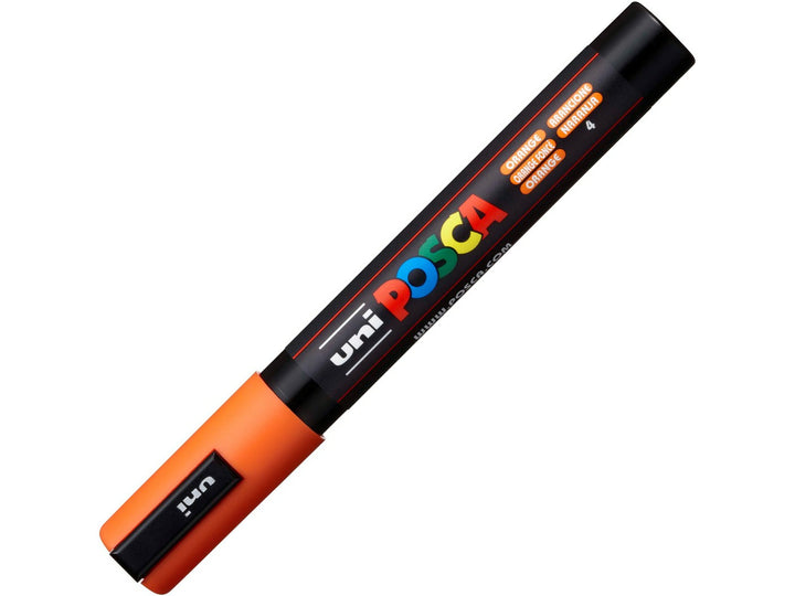 Orange uni POSCA PC-5M paint marker shown capped, featuring a black barrel, orange cap and multicoloured POSCA branding