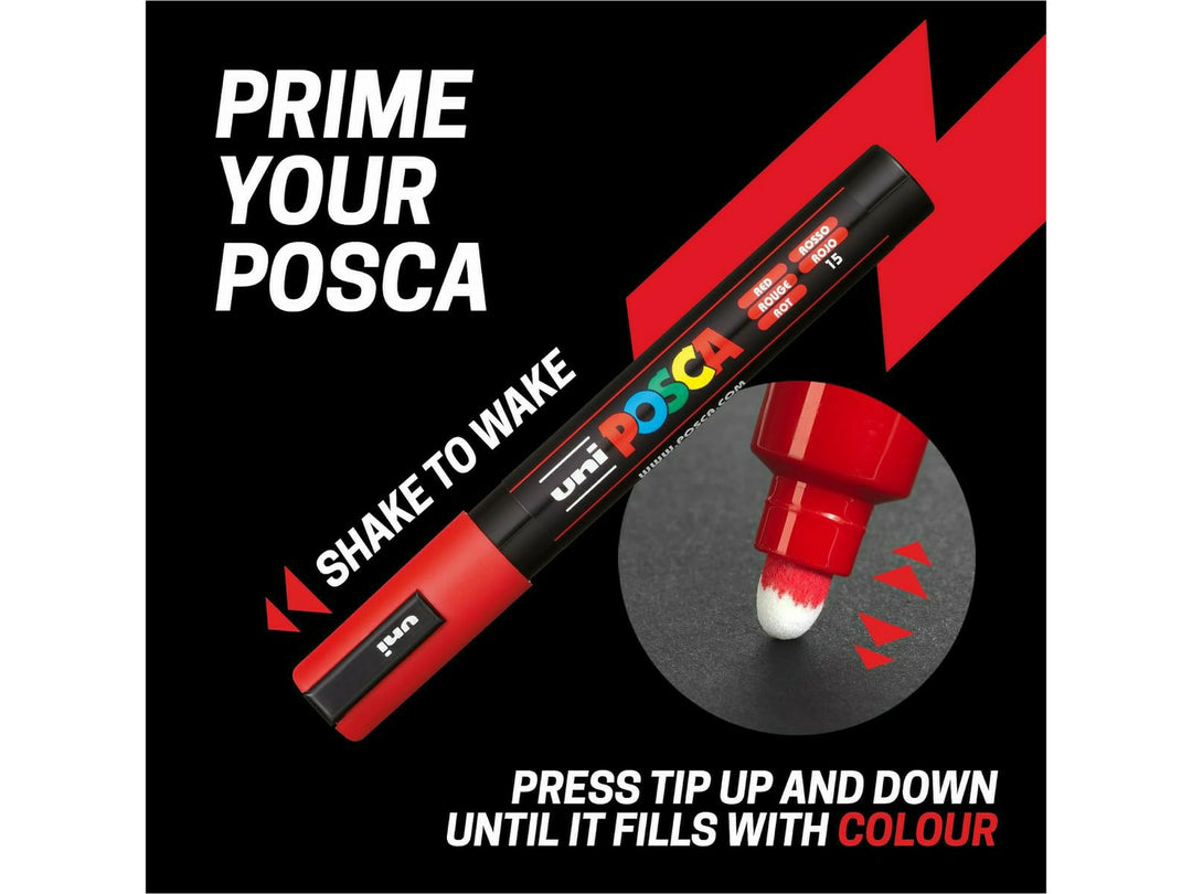 uni POSCA PC-5M priming graphic showing a paint marker being shaken and the bullet tip pressed repeatedly to start the paint flow