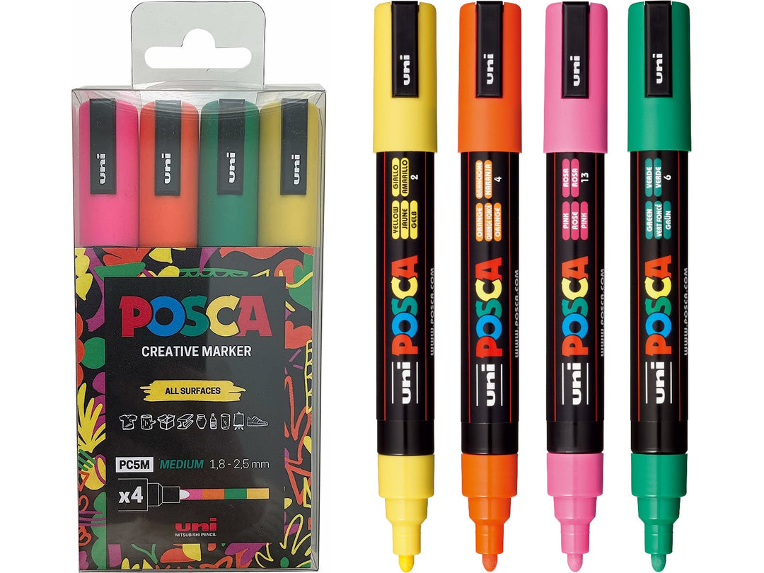 uni POSCA PC-5M Assorted Set of 4 paint markers in Yellow, Orange, Pink and Green, displayed uncapped beside the retail pack