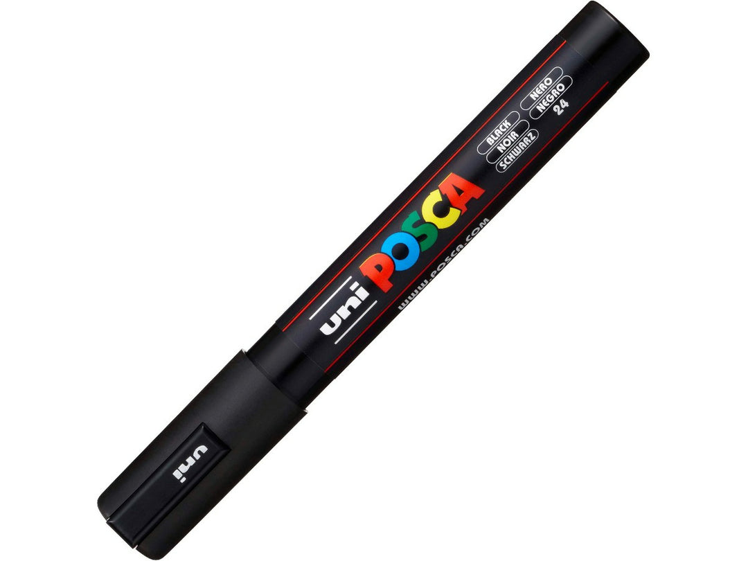 uni POSCA PC-5M black water-based paint marker shown with cap fitted, featuring a medium 1.8–2.5mm bullet tip for lettering, illustration, signage and creative projects