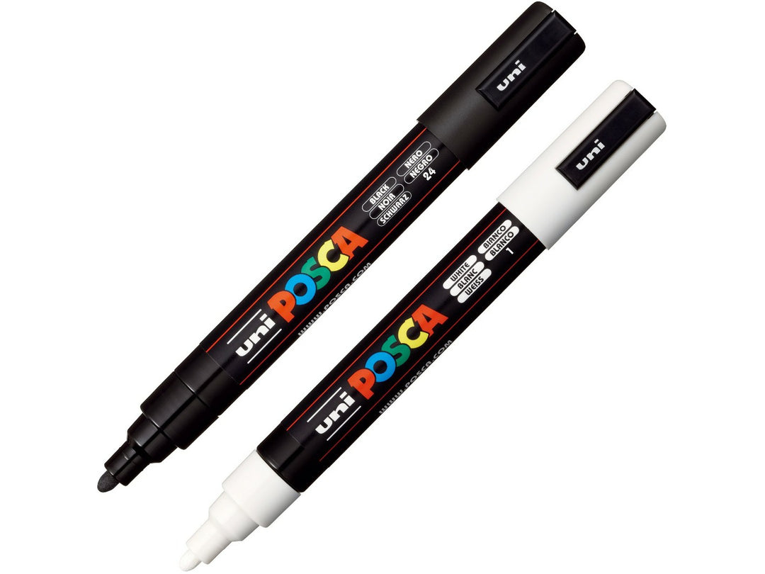 uni POSCA PC-5M Paint Markers Set of 2 including Black and White water-based pigment paint markers with medium 1.8–2.5mm bullet tips