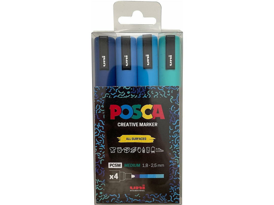 uni POSCA PC-5M Blue Set of 4 paint markers in retail packaging, featuring Blue, Sky Blue, Light Blue and Aqua Green with 1.8–2.5mm medium bullet tips