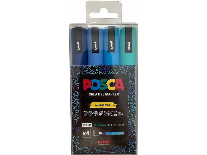 uni POSCA PC-5M Blue Set of 4 paint markers in retail packaging, featuring Blue, Sky Blue, Light Blue and Aqua Green with 1.8–2.5mm medium bullet tips