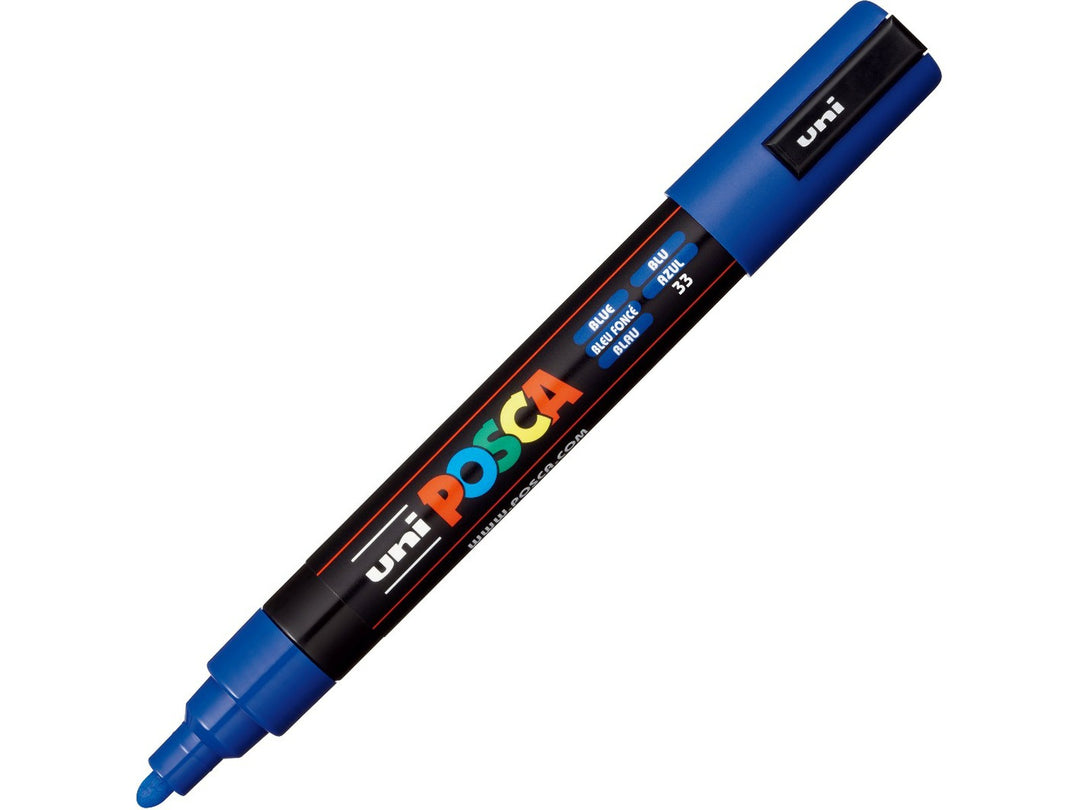 Blue uni POSCA PC-5M paint marker shown uncapped, featuring a 1.8–2.5mm medium bullet tip, blue detailing and multicoloured POSCA branding