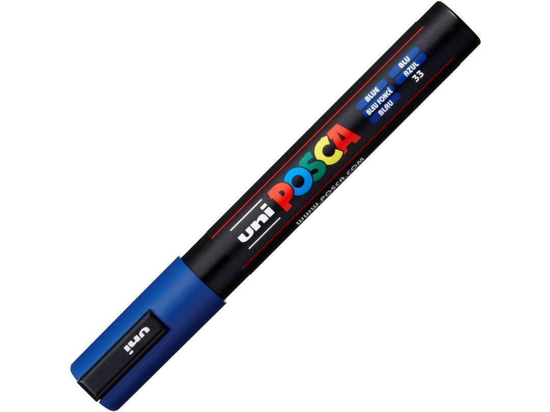 Blue uni POSCA PC-5M paint marker shown capped, featuring a black barrel, blue cap and multicoloured POSCA branding