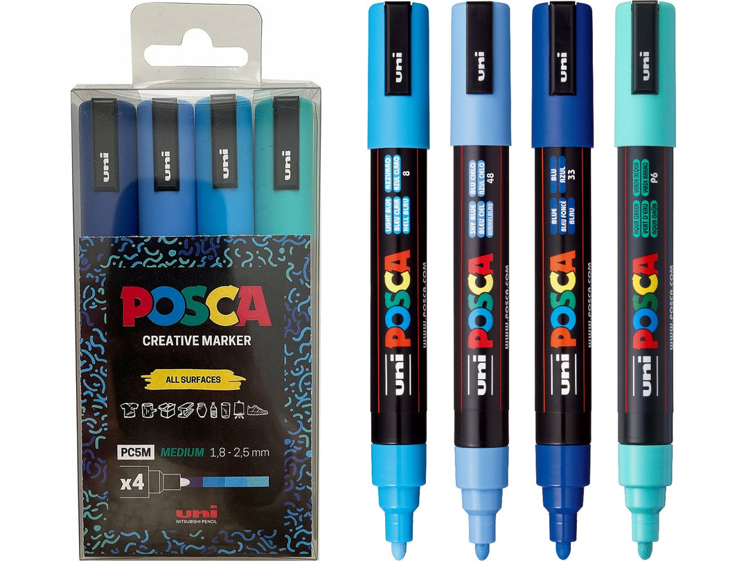 uni POSCA PC-5M Blue Set of 4 paint markers in Light Blue, Sky Blue, Blue and Aqua Green, displayed uncapped beside the retail pack