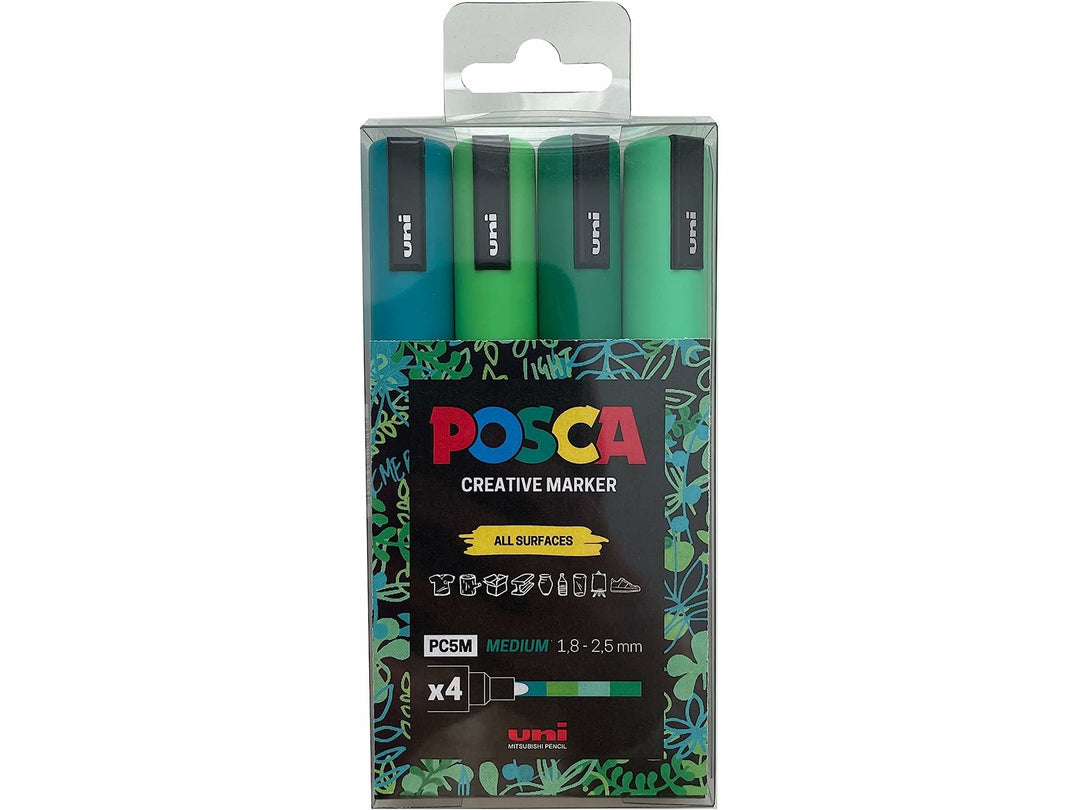 uni POSCA PC-5M Green Set of 4 paint markers in retail packaging, featuring four coordinated green shades and 1.8–2.5mm medium bullet tips