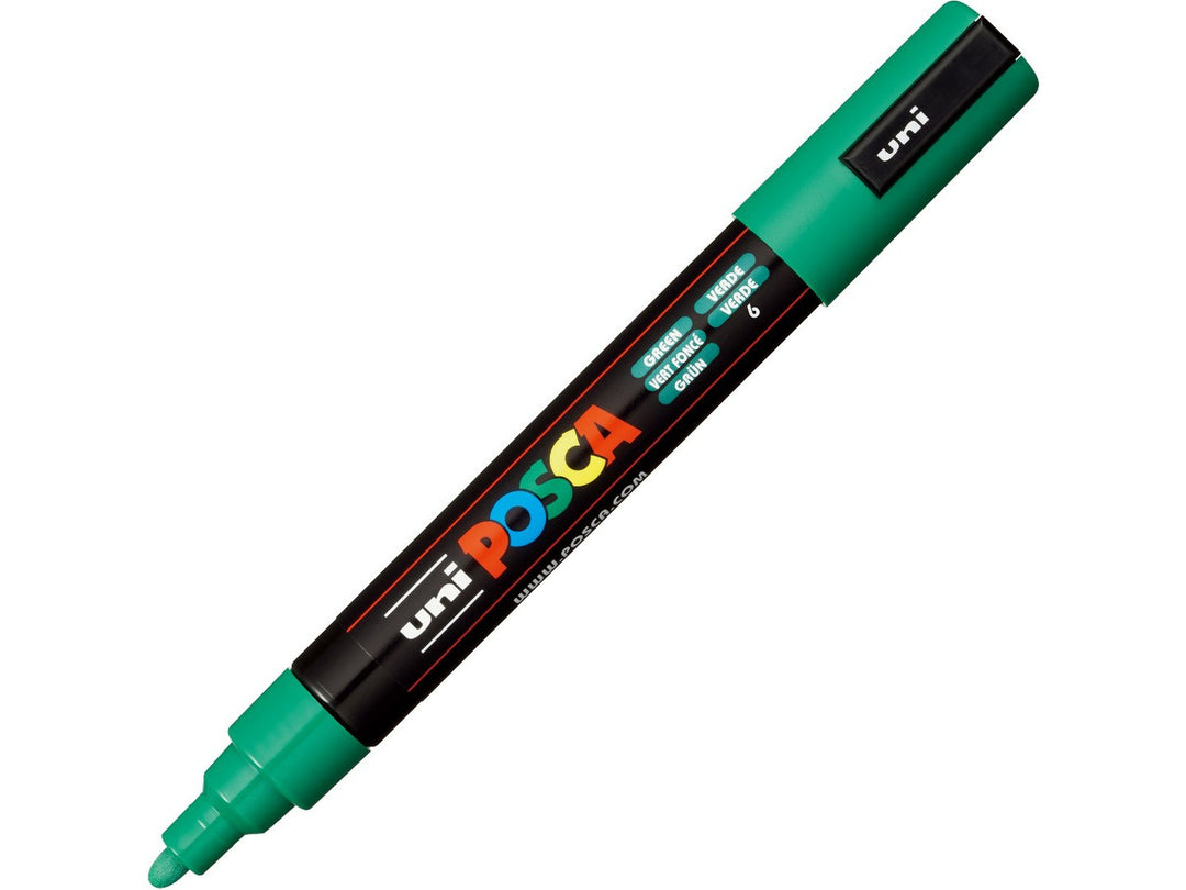Green uni POSCA PC-5M paint marker shown uncapped, featuring a 1.8–2.5mm medium bullet tip, green barrel details and multicoloured POSCA branding