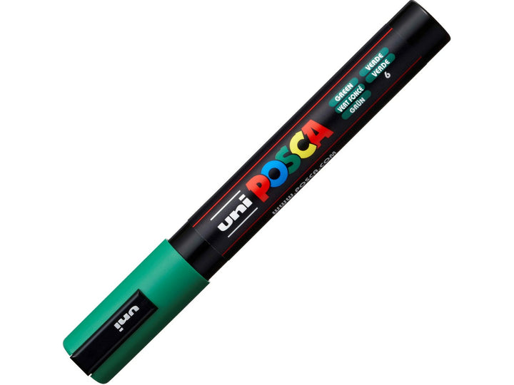 Green uni POSCA PC-5M paint marker shown capped, featuring a black barrel, green cap and multicoloured POSCA branding