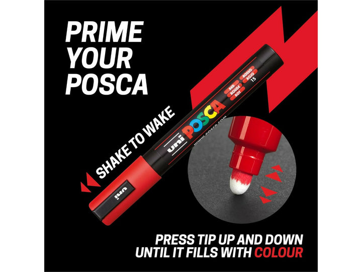 uni POSCA PC-5M priming graphic showing a paint marker being shaken and the bullet tip pressed repeatedly to start the paint flow