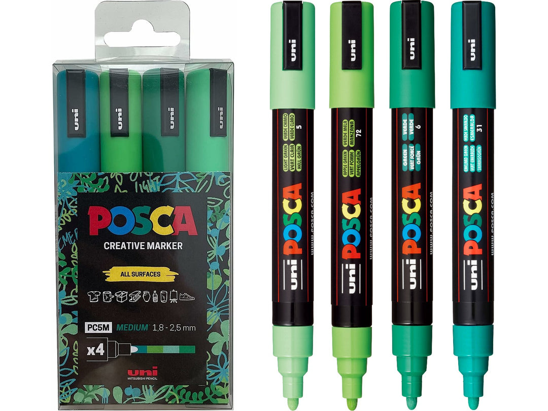 uni POSCA PC-5M Green Set of 4 paint markers in Light Green, Apple Green, Green and Emerald Green, displayed beside the retail pack