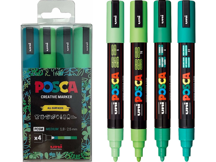 uni POSCA PC-5M Green Set of 4 paint markers in Light Green, Apple Green, Green and Emerald Green, displayed beside the retail pack