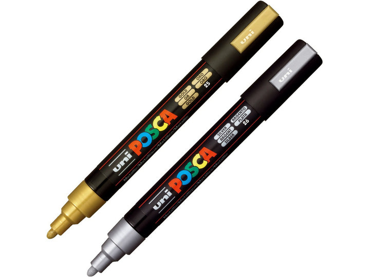 uni POSCA PC-5M Paint Markers Set of 2 including Gold and Silver metallic water-based pigment paint markers with medium 1.8–2.5mm bullet tips